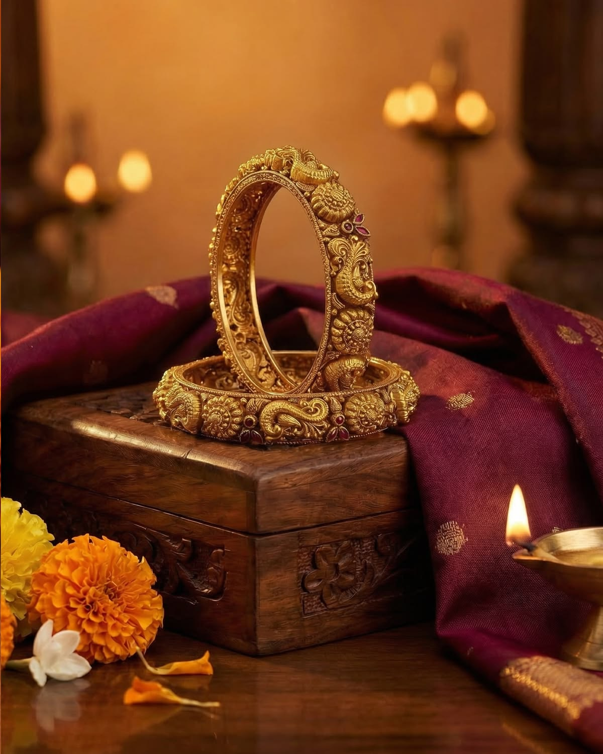 Gold bangles on wooden box